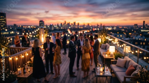 Rooftop sunset party city skyline nightlife socializing luxury terrace event people cocktail hour bokeh background
