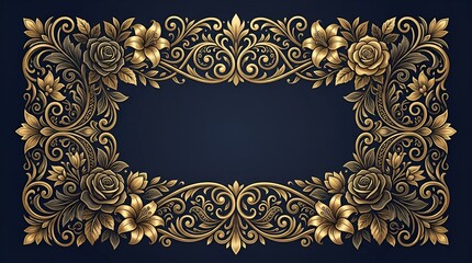 Elegant Gold Flourish Frame with Roses and Lilies on Dark Blue Background