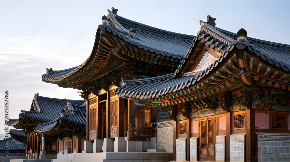 Obraz premium Traditional Korean Hanok Rooflines with Elegant Upturns Captured in Unique Architectural Style
