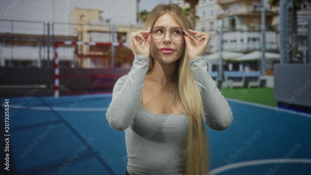 Fototapeta premium Woman adjusting glasses with both hands, long blonde hair, gray top, standing on blue outdoor sports court by building; relaxed confidence.