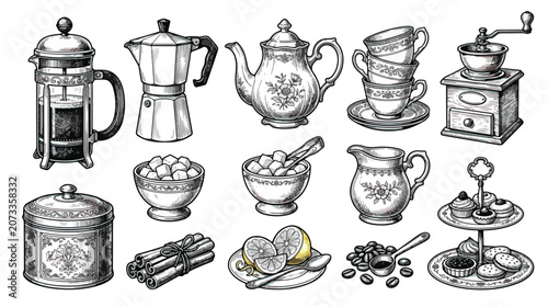 Bild auf Leinwand Vintage coffee and tea set vector illustrations, antique cafe kitchenware collec