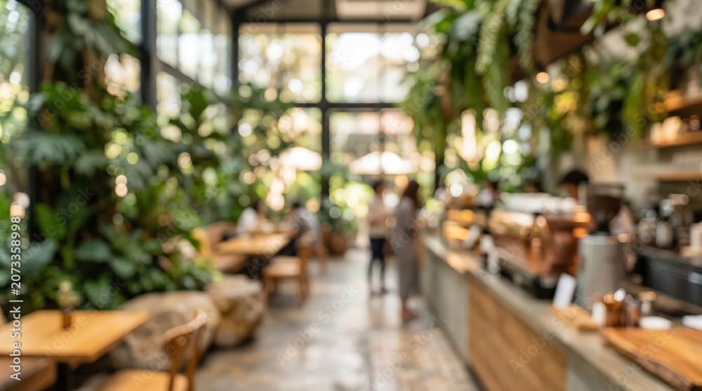 Obraz premium Modern cafe interior blurred background botanical coffee shop indoor plants garden greenhouse aesthetic lifestyle restaurant bokeh