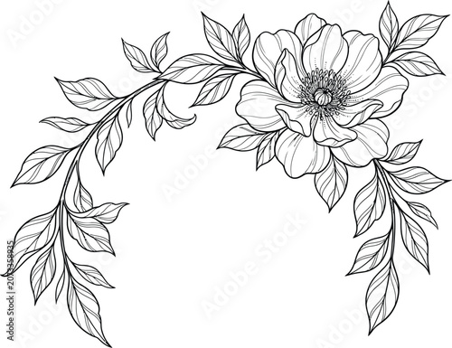 Black and white line drawing of a flower with leaves