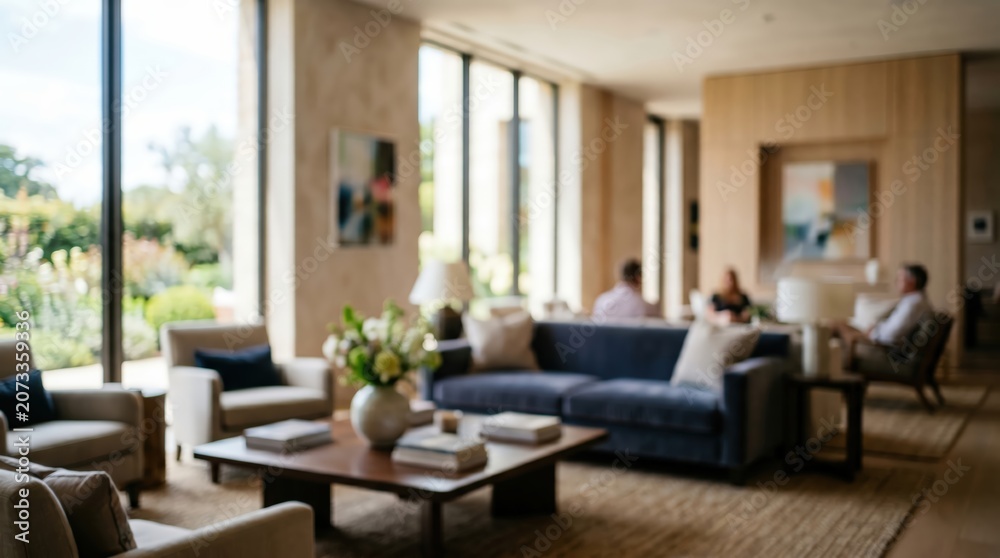 Fototapeta premium Blurred luxury living room interior lounge modern home hotel lobby bokeh background furniture design elegant lifestyle professional decor