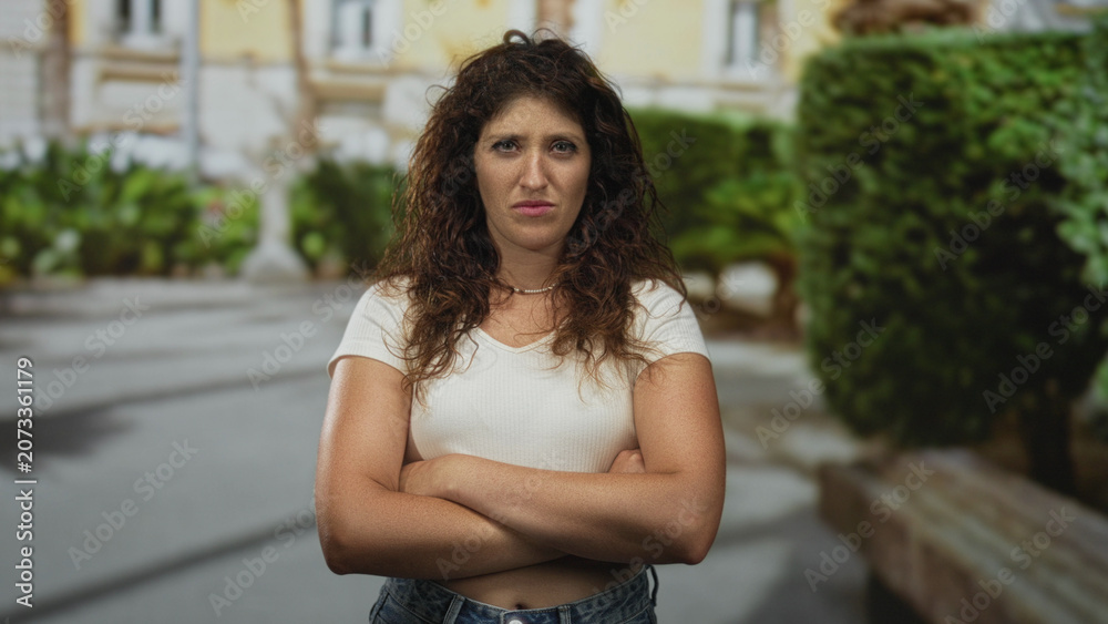 Fototapeta premium Young hispanic woman with crossed arms and bare forearms standing on a street near a building and trimmed hedges; defiance.