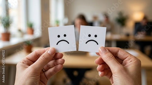 Person holding two paper squares showing sad face icons in professional workplace environment representing low satisfaction ratings bad service and negative mood.