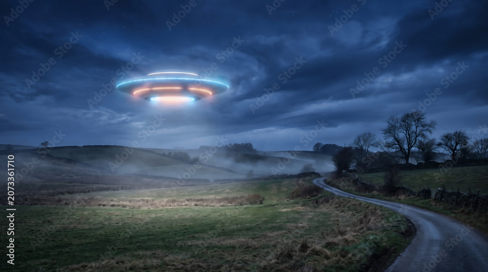 Fototapeta premium World UFO Day Night Encounter Above Misty Rural Road and Rolling Countryside