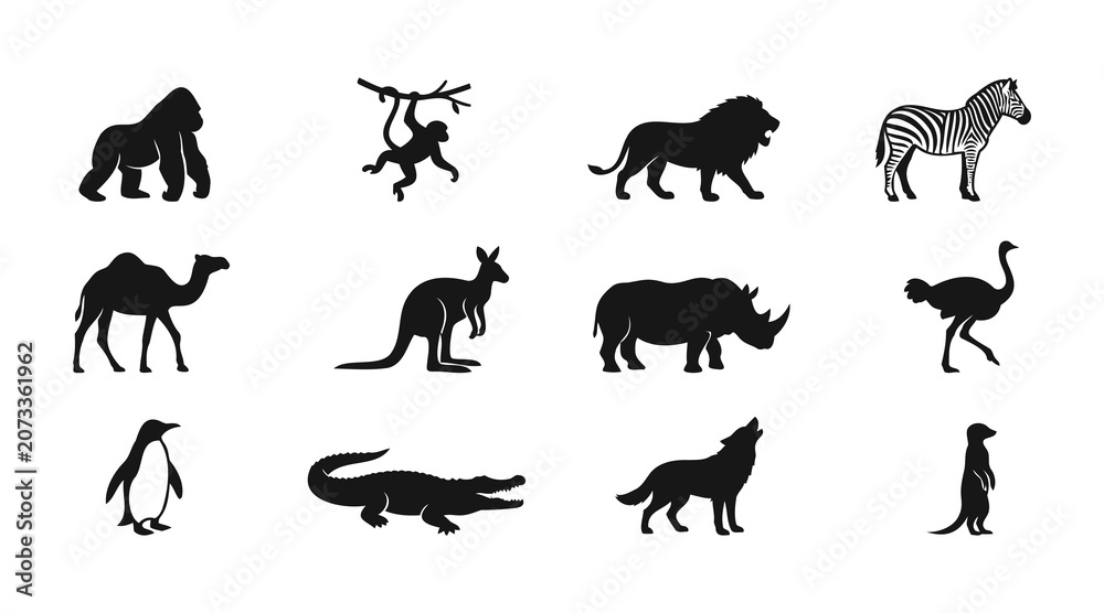 Fototapeta premium Collection of african wildlife animal silhouettes including gorilla lion zebra camel and kangaroo silhouette
