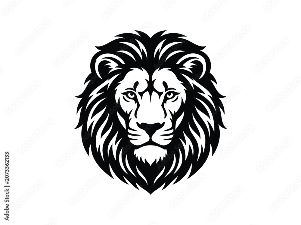 Obraz premium Majestic lion head portrait in black and white silhouette against a clean white background silhouette