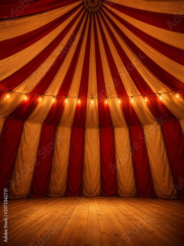 Red Cream Candy Stripe Circus Tent Interior with Edison Lights for Event Design