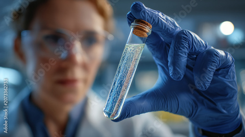 Researcher examining liquid sample in test tube with researcher, laboratory