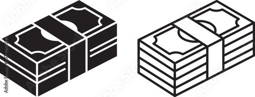 Minimalist isometric vector illustration featuring two bundles of cash money drawn on transparent background