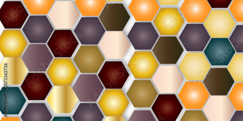 Colorful metallic hexagon tiles in warm palette with soft lighting and drop shadows.