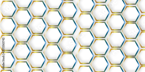 Colorful metallic hexagon tiles in warm palette with soft lighting and drop shadows.