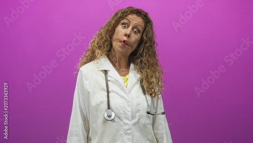 Konstfotografi Woman doctor in white lab coat with stethoscope puckers lips and tilts head against a purple studio backdrop; playful curiosity