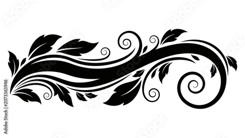 Obraz na płótnie Graceful Black Floral Swirl Design Element with Leaves and Scrolls on Isolated W
