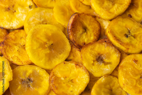Golden Fried Plantain Slices Overhead Full Frame Food Background