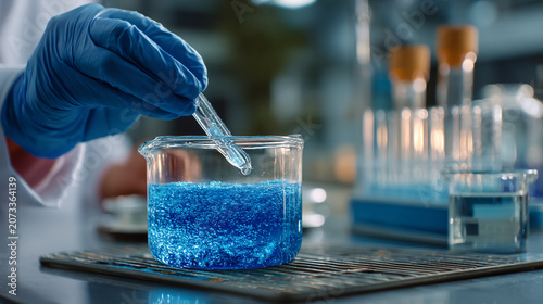 Scientific experiment with blue liquid in beaker laboratory chemistry