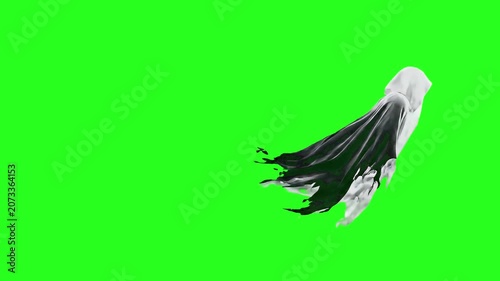 Grim Reaper Hooded Ghost with Black and White Flying Across Green Screen Background