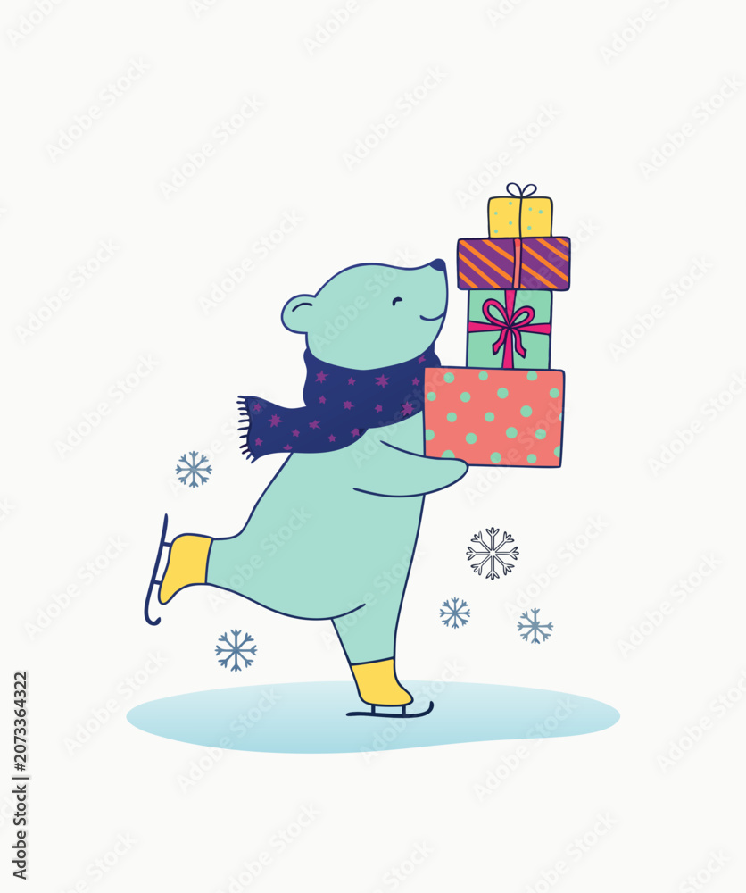 Fototapeta premium Polar bear with the gifts, snow skiing with muffler