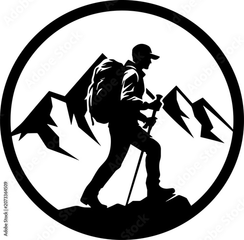 Black silhouette of a hiker with backpack and trekking poles in a circular frame with mountains