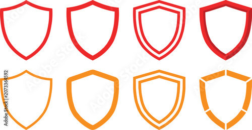 Collection of red and orange shield vector graphic icons isolated on transparent background