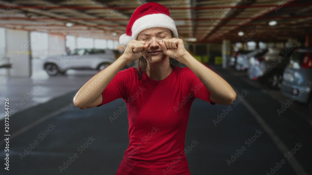 Fototapeta premium Woman rubbing eyes with hands and santa hat in a parking garage building, red shirt visible; holiday fatigue.