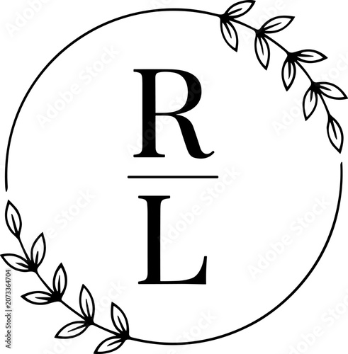 Monogram logo with leafy wreath and letters r and l in a circle