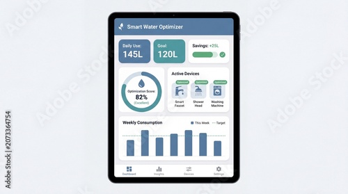 Smart Water Optimizer app on tablet for monitoring and conserving water usage