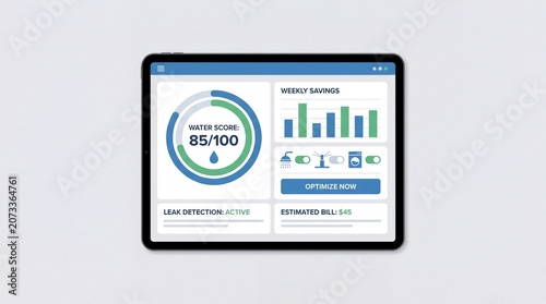 Smart home water usage monitoring system on tablet screen
