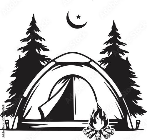 Black and white illustration of a tent in a forest with a campfire and moon