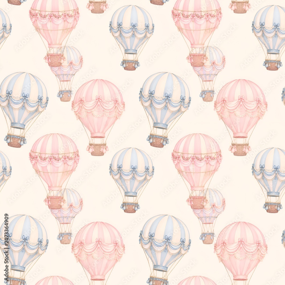 Naklejka premium Pastel Hot Air Balloon Seamless Pattern Dreamy Sky Background