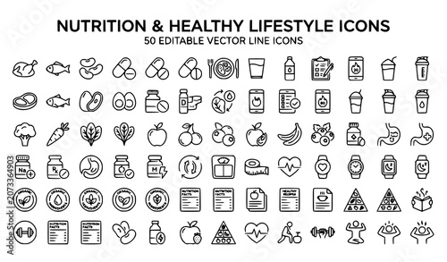Healthy food and nutrition line icon collection with diet wellness and vitamin symbols