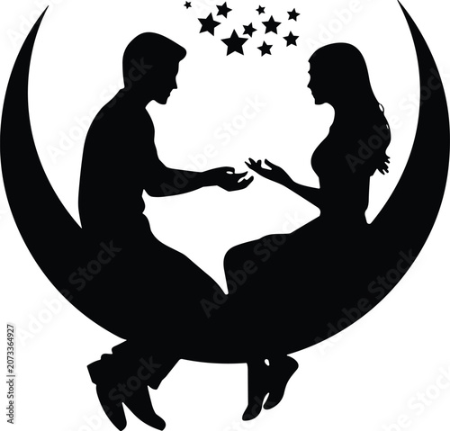 Black silhouette of a man and woman sitting on a crescent moon with stars