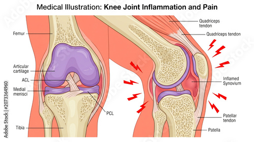 Medical illustration of knee joint inflammation and pain