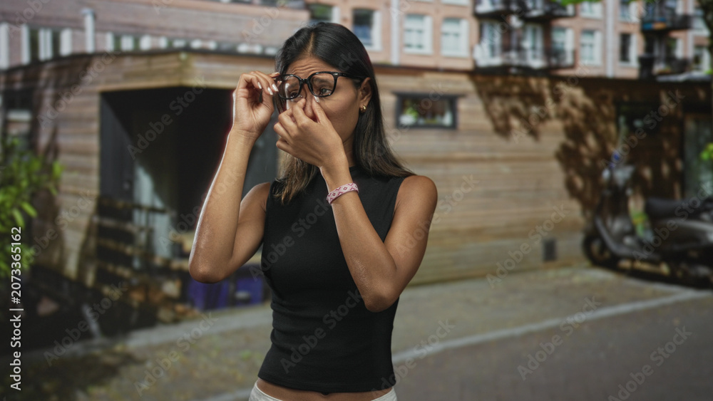 Fototapeta premium Thai woman removes eyeglasses, squints and pinches nose while standing on a street near a wooden building entrance; irritation allergy.