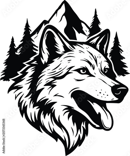 Black and white illustration of a wolfs head in front of mountains and trees