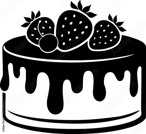 Black and white illustration of a cake with strawberries on top