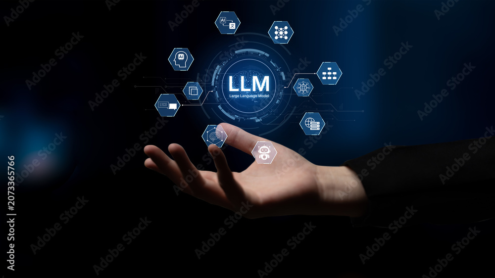 Fototapeta premium Large Language Model LLM processing data. Represents deep text learning, natural language processing NLP AI tech, transformer architecture, and generative AI deep learning future technology. Corpus