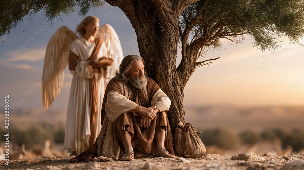 Fototapeta premium Elijah resting beneath a broom tree as an angel brings bread and water in the desert at sunrise.