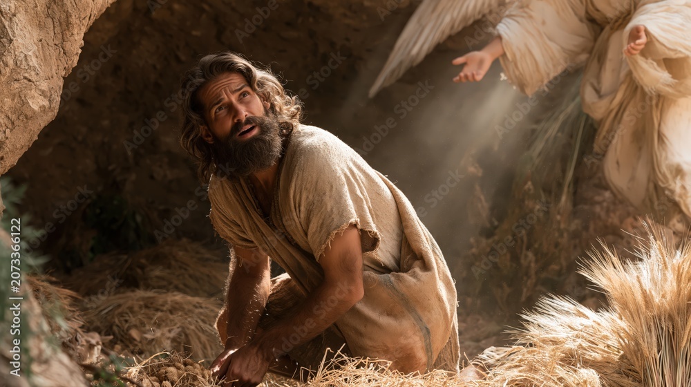 Obraz premium Gideon threshing wheat in a winepress as the angel of the Lord appears before him.