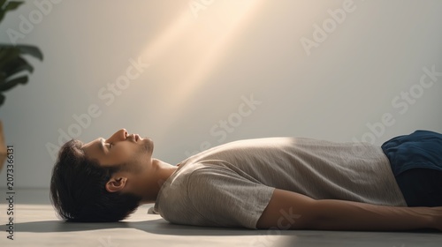 Person resting on a dark floor as warm light enters through an opening above, symbolizing recovery, renewal, and emotional healing.