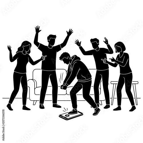 Fotografie Group bullying and social exclusion of a person using a smartphone concept