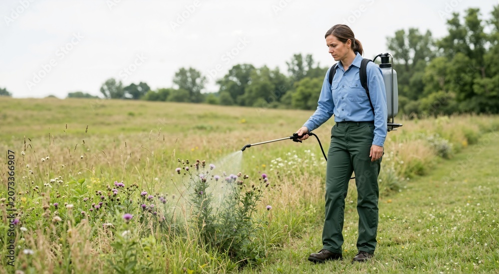Fototapeta premium Woman using a backpack sprayer to apply herbicide on weeds in a grassy field. Agricultural weed control and land management