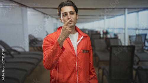 Tableau sur toile Man prisoner in orange jumpsuit makes heart gesture with hands over chest in airport terminal seating area, facing camera with faint smile; hope redemption