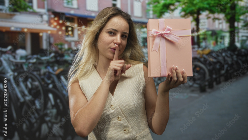 Fototapeta premium Young blonde woman smiling and holding a pink gift box on a street with parked bicycles and city buildings in amsterdam; joy.