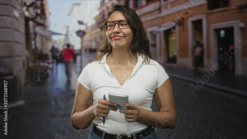 Obraz na plátně Young latina woman holding notebook and pen with hands visible on a cobbled city street; observation curiosity thoughtful
