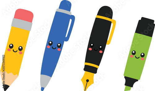 Kawaii School Writing Tools Flat Icons Set – Cute Pencil Pen Fountain Pen Highlighter Marker Crayon Paint Brush Eraser Sharpener