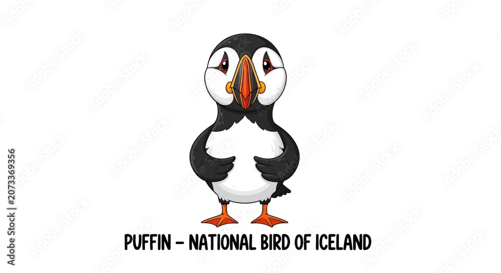 Obraz premium A Cute Illustrated Atlantic Puffin Representing The National Bird Of Iceland Standing On A White Background In A Vector Style