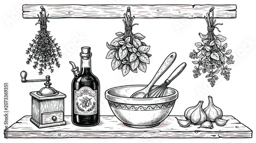Schilderij op canvas Vintage kitchen herb garden illustration, rustic wood shelf with hanging dried h
